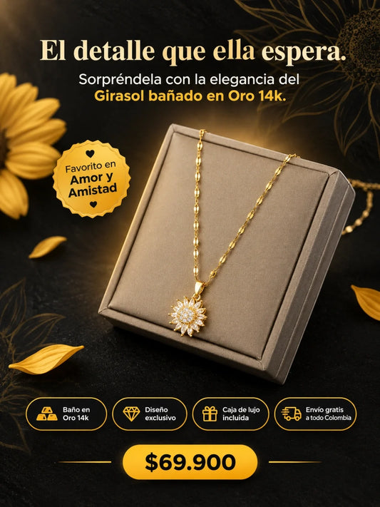 Collar Giratorio Girasol - Baño de 14k Oro Certificado